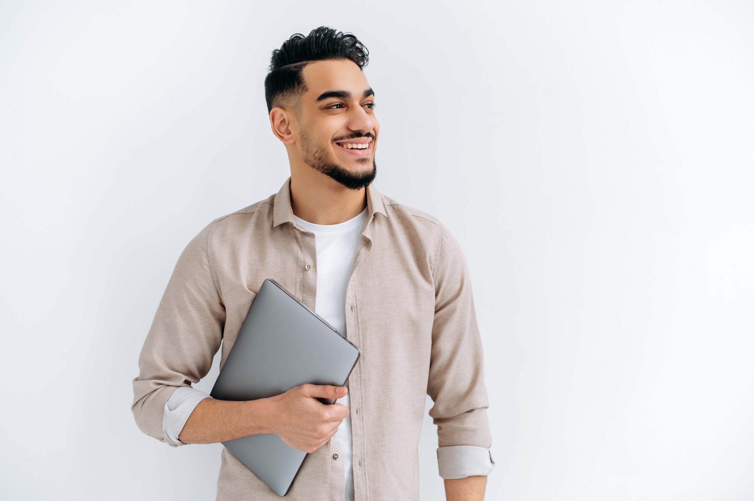 Cheerful,Arabian,Or,Indian,Young,Man,With,Beard,,Wearing,Casual
